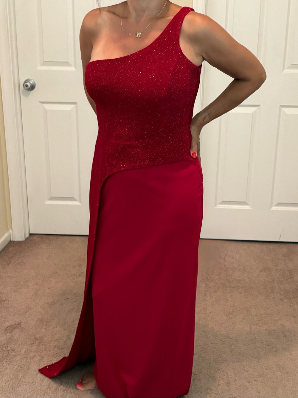 Betsy & Adam One-Shoulder Red Evening Gown